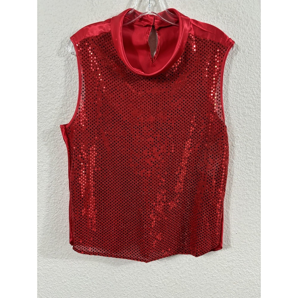 Cliche‎ Sequin Shirt Womens XL Red Mock Neck Sleeveless Satin Keyhole Made USA